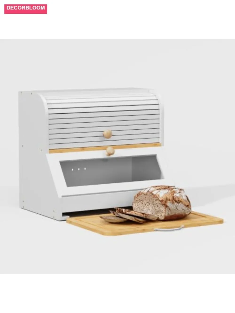 Roll Top Bamboo Bread Box with Cutting Board, Large Capacity 2 Tier